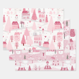 Hoja De Papel De Regalo Pink Snowy Village