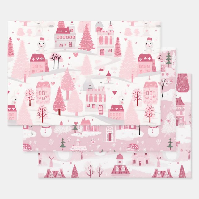 Hoja De Papel De Regalo Pink Snowy Village (Set)