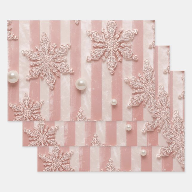 Hoja De Papel De Regalo Pink Striped Velvet Snowflake  (Set)