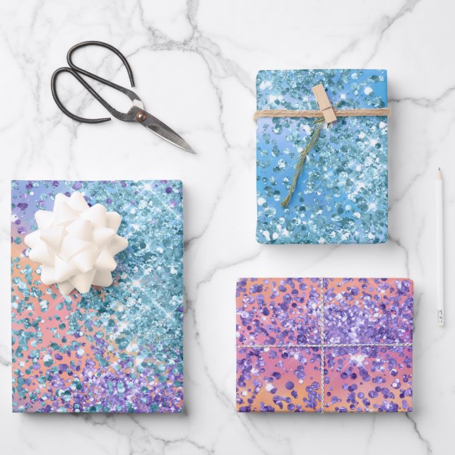 Hoja De Papel De Regalo Pink unicornio esparcen morado Purpurina aqua  (Anverso)