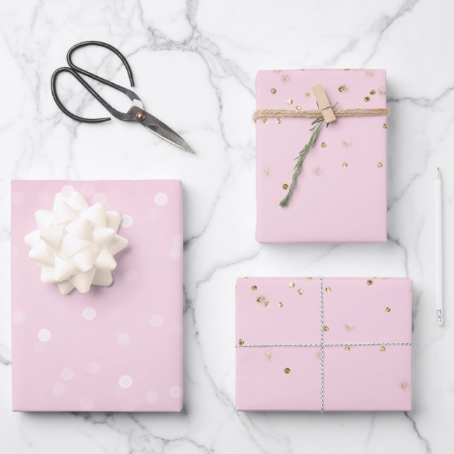 Hoja De Papel De Regalo Pink White Bokeh Gold Glitter Confetti Christmas (Anverso)