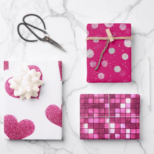 Hoja De Papel De Regalo Pink White Glitter Heart Checkered  (Anverso)