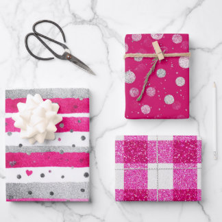 Hoja De Papel De Regalo Pink White Glitter Heart Checkered 