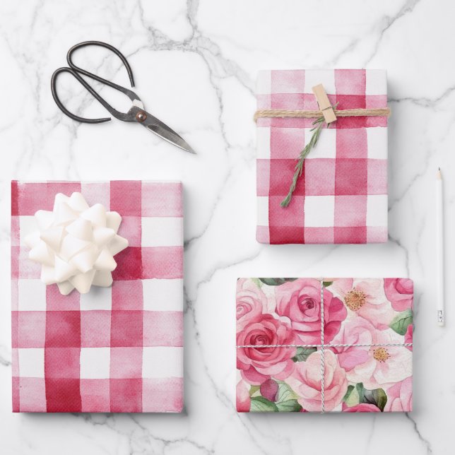 Hoja De Papel De Regalo Pink White Stripes Floral Birthday (Anverso)