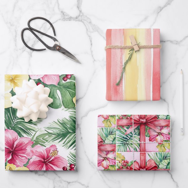 Hoja De Papel De Regalo Pink Yellow Hibiscus Flowers Bows Stripes Birthday (Anverso)