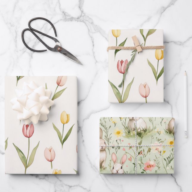 Hoja De Papel De Regalo Pink Yellow Tulip Flowers Easter (Anverso)