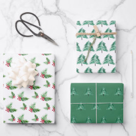 Hoja De Papel De Regalo Pino Pintado De Agua Pintada Vela Berries Rojas