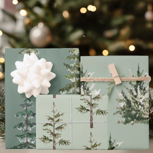 Hoja De Papel De Regalo Pinos acuarela sobre salvia   Fiesta escandinava