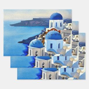 Hoja De Papel De Regalo Pintura de acuarela de Santorini Grecia