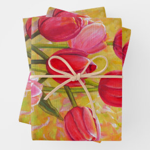 Hoja De Papel De Regalo Pintura de arreglos de tulipanes rosados y rojos