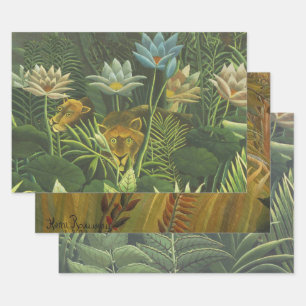 Hoja De Papel De Regalo Pintura de león de la selva tropical de Rousseau