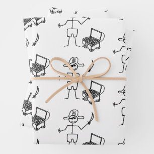 Hoja De Papel De Regalo Pirata Stickman con el tesoro del pecho