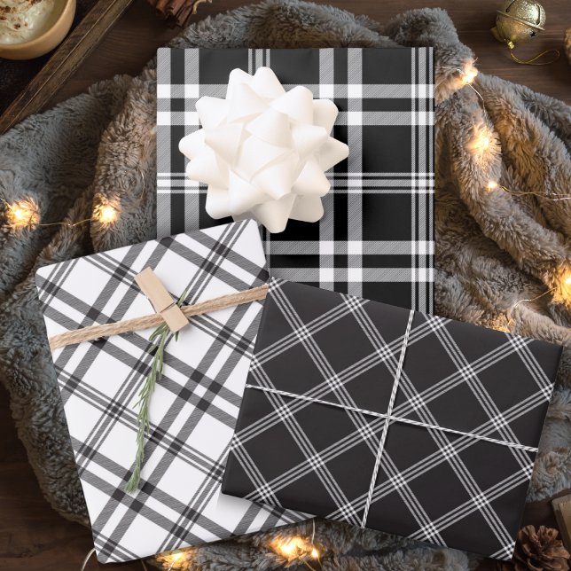 Hoja De Papel De Regalo Placa Clásica De Tartán Blanco Y Negro (Classic Black And White Tartan Plaid Wrapping Paper Sheets)