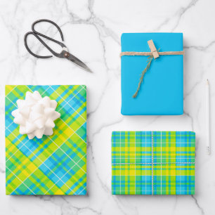 Hoja De Papel De Regalo Plaid Amarillo Brillante, Azul, Verde y Blanco