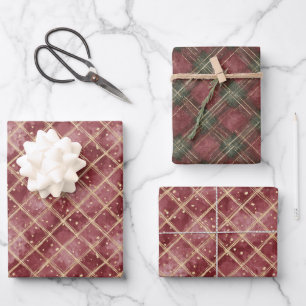 Hoja De Papel De Regalo Plaid de Navidad con Lunares Rojos y Rayas Verdes