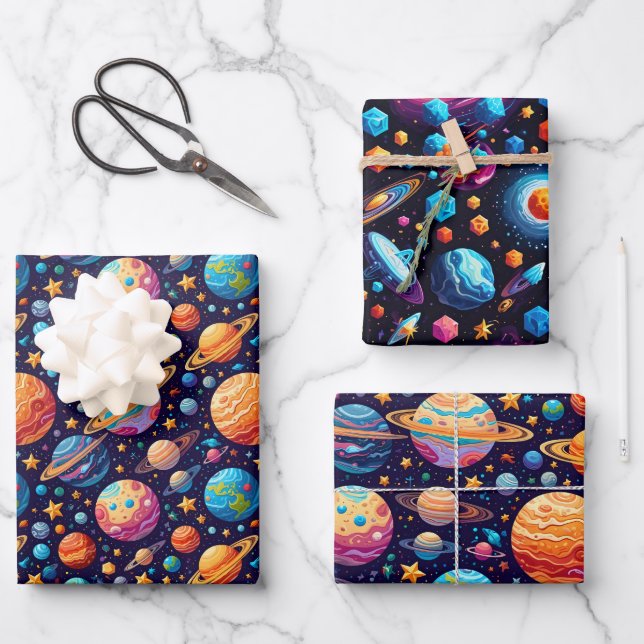 Hoja De Papel De Regalo Planetas y estrellas celestes (Anverso)