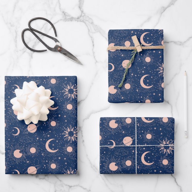 Hoja De Papel De Regalo Planetas y patrones de estrellas (Anverso)