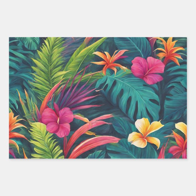 Hoja De Papel De Regalo Plantas y flores tropicales vibrantes (Anverso)