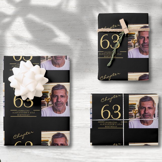 Hoja De Papel De Regalo Plantilla fotográfica de cumpleaños Cualquier edad (Photo template birthday wrapping paper any age. Black and gold with script.)