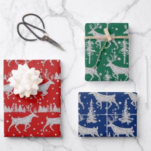 Hoja De Papel De Regalo Plata Woodland Stag Spruce Forest Red Blue Green