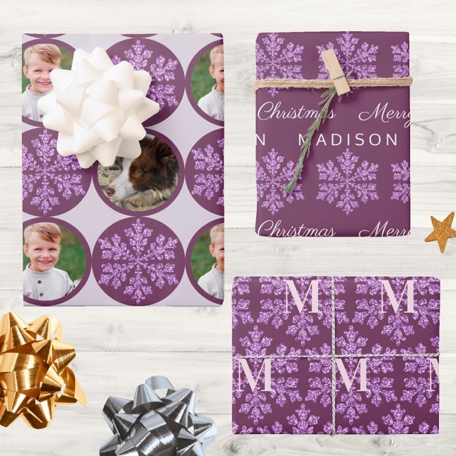 Hoja De Papel De Regalo Plum Bling Classic de Snowflake 2 Navidades de fot (Three designs you can personalize makes this plum purple & snowflake gift wrap so fun for Christmas)