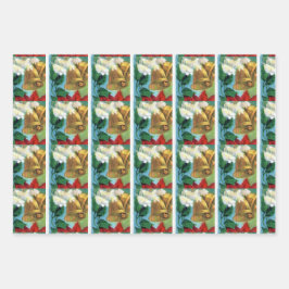 Hoja De Papel De Regalo Poinsettia de Navidad Vintage Campanas de Oro