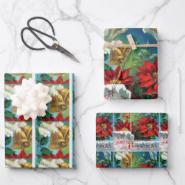 Hoja De Papel De Regalo Poinsettia de Navidad Vintage Campanas de Oro 