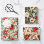 Hoja De Papel De Regalo Poinsettia navideña vintage<br><div class="desc">Infunde sus regalos con encanto intemporal usando estas hojas de papel de 3 recuentos (19" x 29"). En la hoja 1 se exponen intrincados patrones de insettia inspirados en la vintage, en la hoja 2 se añade un toque de elegancia a las escenas clásicas de las vacaciones y en la...</div>