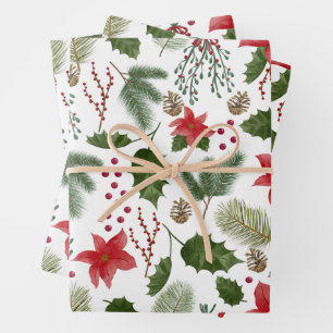 Hoja De Papel De Regalo Poinsettia roja, bayas y ramas de pino navidades