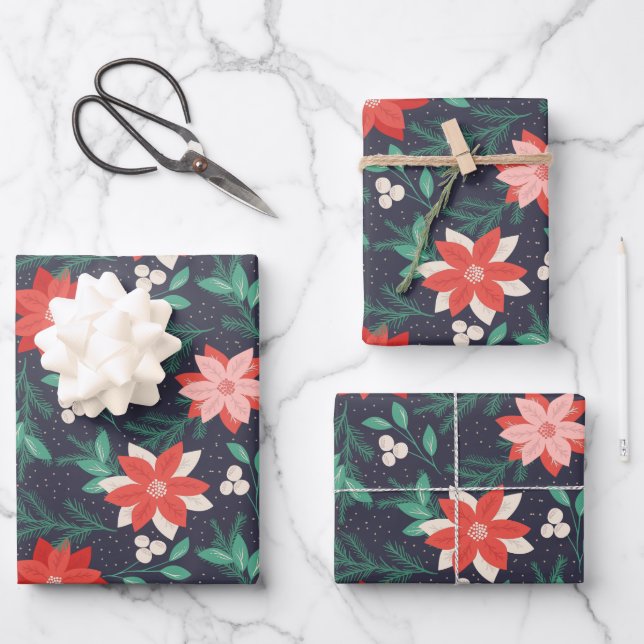 Hoja De Papel De Regalo Poinsettias de grandes Navidades rojos y blancos (Anverso)