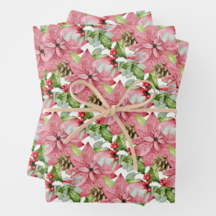 Hoja De Papel De Regalo Poinsettias rosas y piñones