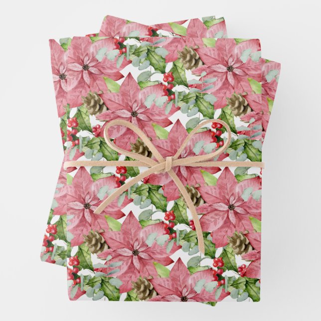 Hoja De Papel De Regalo Poinsettias rosas y piñones (In situ)