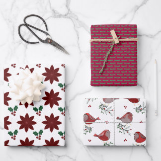 Hoja De Papel De Regalo Poinsettias, Stipples, Birdies -