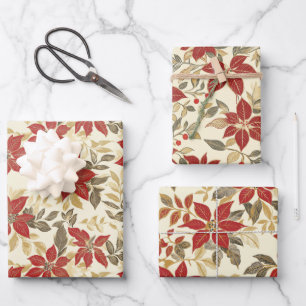 Hoja De Papel De Regalo Poinsettias verdes rojas Navidad vintage
