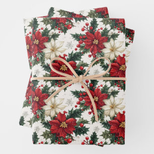 Hoja De Papel De Regalo Poinsettias y vegetación elegantes