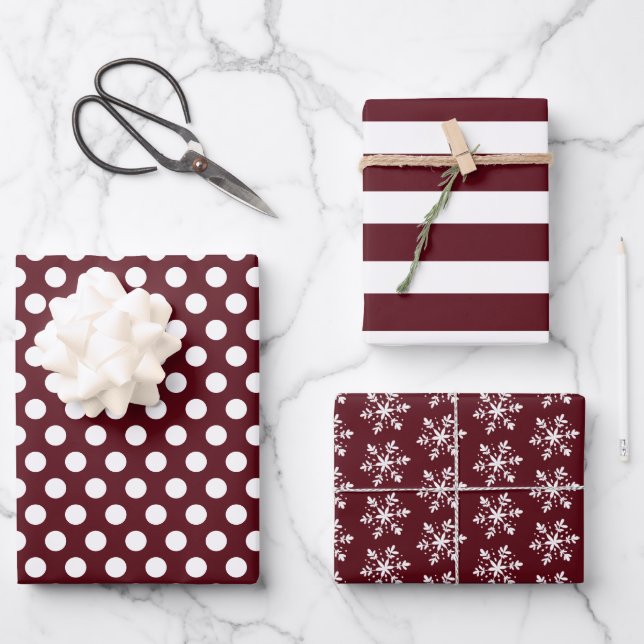 Hoja De Papel De Regalo Polka Blanco Borgoña Rojo Dots Stripes Snowflakes (Anverso)