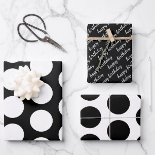 Hoja De Papel De Regalo Polka blanco y negro: puntos felices cumpleaños