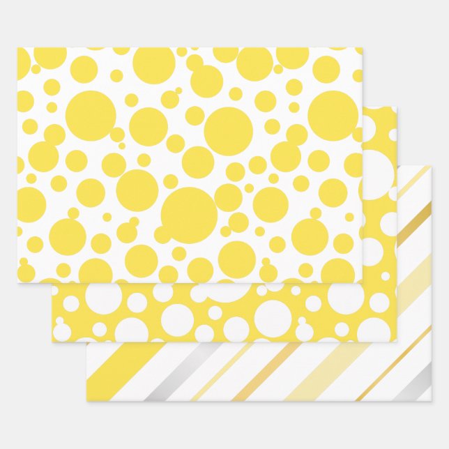 Hoja De Papel De Regalo Polka Dots stripe patrón-Amarillo-plata dorado (Set)