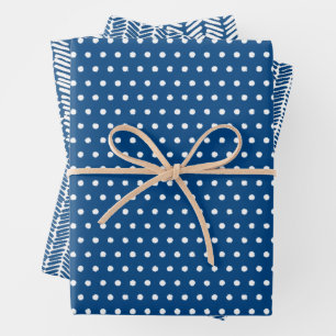 Hoja De Papel De Regalo Polkadots Blancos Tiras De Chevron Sobre Azul Fran