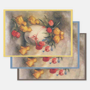 Hoja De Papel De Regalo Pollitos de Pascua antiguos, huevo con flores de t