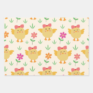 Hoja De Papel De Regalo Pollitos de Pascua Elegantes con Lazos y Flores
