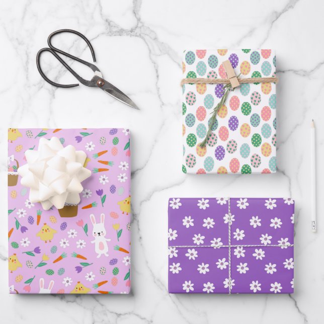 Hoja De Papel De Regalo Pollos conejitos morados mezclan patrones de Pascu (Anverso)