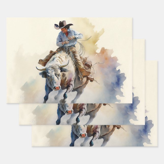 Hoja De Papel De Regalo Polvorienta acuarela occidental "Rodeo Bull Rider" (Set)