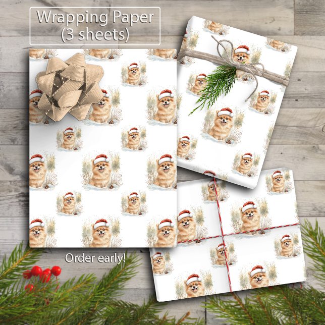 Hoja De Papel De Regalo Pomerania acuarela en Navidades de Santa Hat (Watercolor Pomeranian in Santa Hat Christmas Wrapping Paper Sheets - 3 sheets)