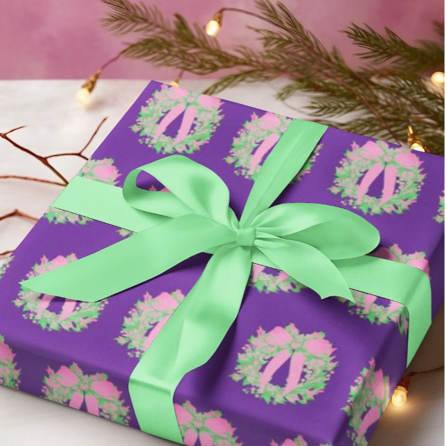Hoja De Papel De Regalo Popular Wreath Pink Green (Contemporary green wreathes with pink bows on deep purple background!)