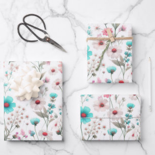 Hoja De Papel De Regalo Prado de flores silvestres blanco, verde, azul, ma