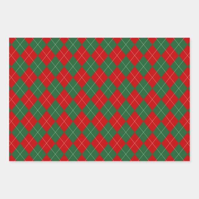 Hoja De Papel De Regalo Preppy Argyle Tartán Diamond Plage Verde Rojo (Anverso)