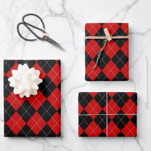 Hoja De Papel De Regalo Preppy Argyle Tartán Diamond Plantado Rojo Negro