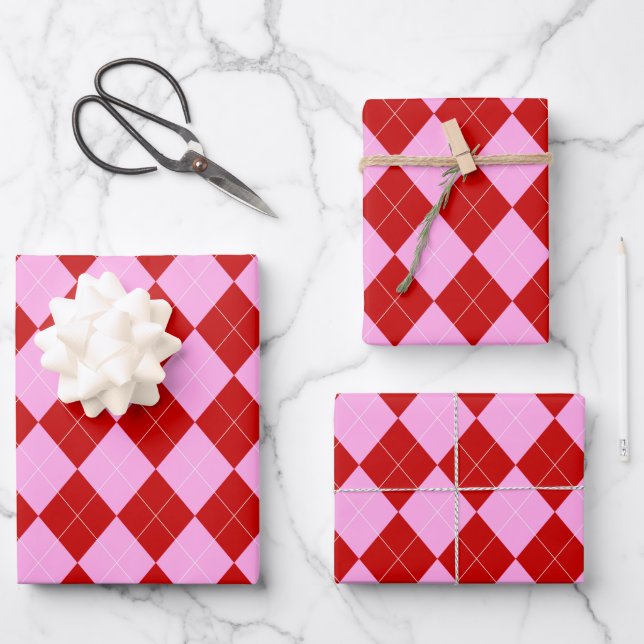Hoja De Papel De Regalo Preppy Argyle Tartán Diamond Plantado Rojo Rosa (Anverso)