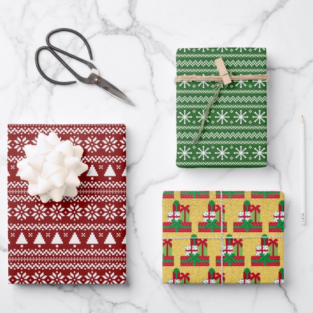 Hoja De Papel De Regalo Presentes festivos, árboles de Navidad y copos de  (Anverso)